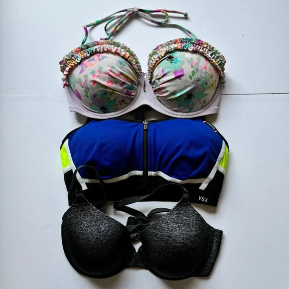 Bundle of 3 Bras Victoria's Secret Uplift Semi Demi VSX Sports Bra Swim Sz 34D - Picture 1 of 14